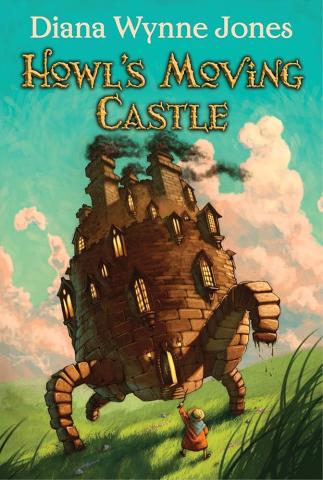 The cover of the book, "Howl's Moving Castle" depicts a round castle on four stone legs seemingly walking while four turrets emit black plumes of smoke. In front of the castle stands a little old lady wielding a wand.