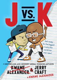The cover of the book "J vs. K" depicts to cartoon kids head to head, as if preparing for a fight. One of the kids holds a drawing in his hand, the other holds a book.