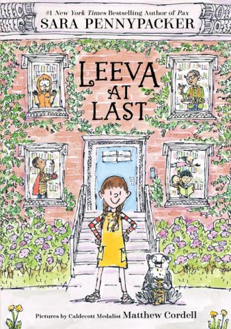 The cover of the book, "Leeva at Last" depicts a young girl, dressed in yellow, standing with hands on hips, in front of a brick building. There is a person in each of four windows and a badger sitting on the ground at her side.