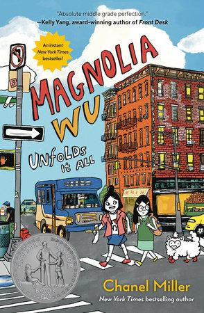 The cover of the book, "Magnolia Wu Unfolds it All" depicts an urban intersection with two girls walking in the crosswalk, followed by a fluffy white dog.