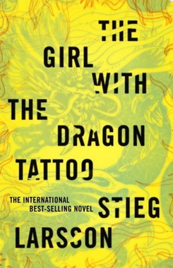 the girl with the dragon tattoo book cover. the background is a mix of yellow and green colors