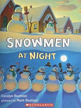 The cover of the book, "Snowmen at Night" depicts, in the top half of the image, snowmen standing stoic in front of houses during the day, while the bottom half of the image conveys a Congo Line of Snowmen under the moon.
