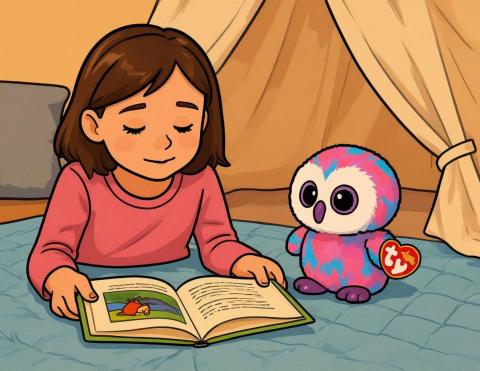 The image depicts an illustrated young girl lying on her belly, reading to a pink and purple Beanie Boo. In the background, there is a blanket tent.