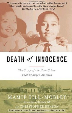 book cover for Death of Innocence. The title is in white in the middle. On the top is a sepia photo of a mother and son. On the bottom is a green tinted photo of a house