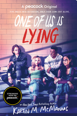 One of Us is Lying book cover. There are five teens sitting on the bleachers