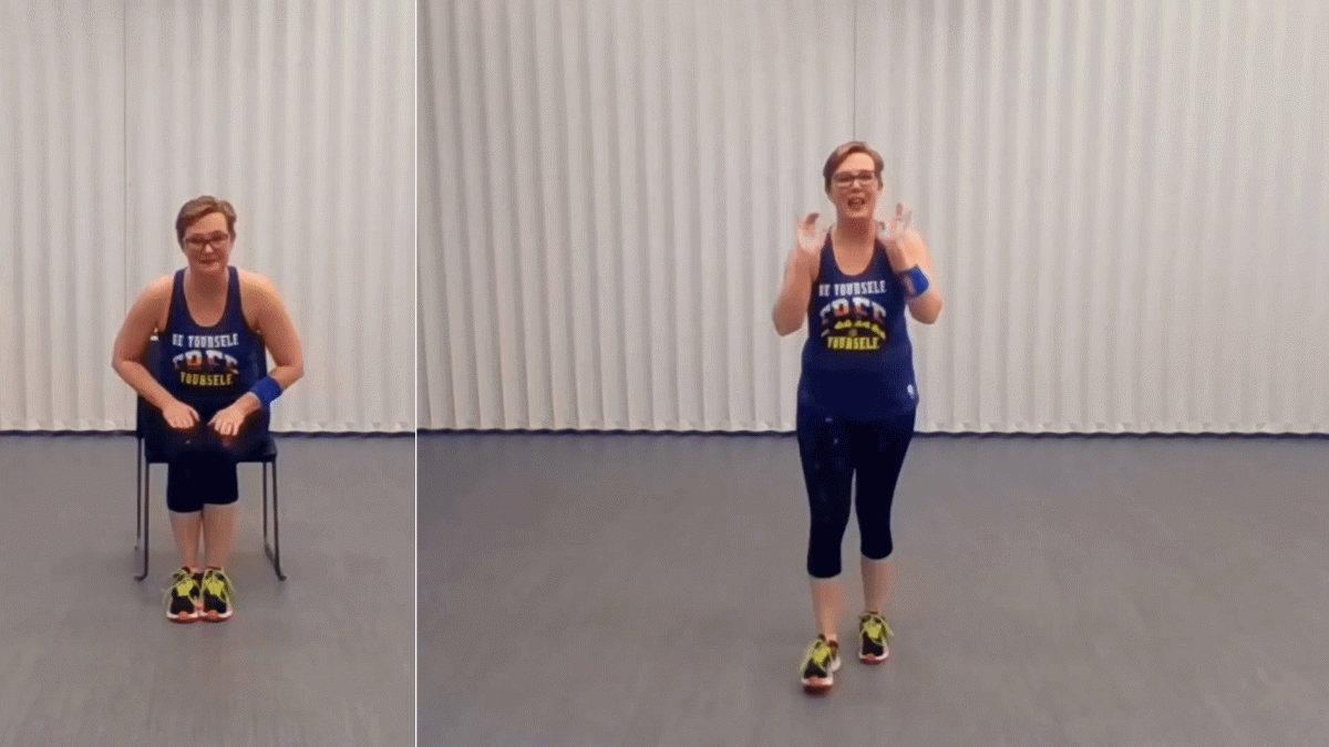 a woman demonstrating fitness steps in a chair next to the same woman demonstrating fitness steps standing