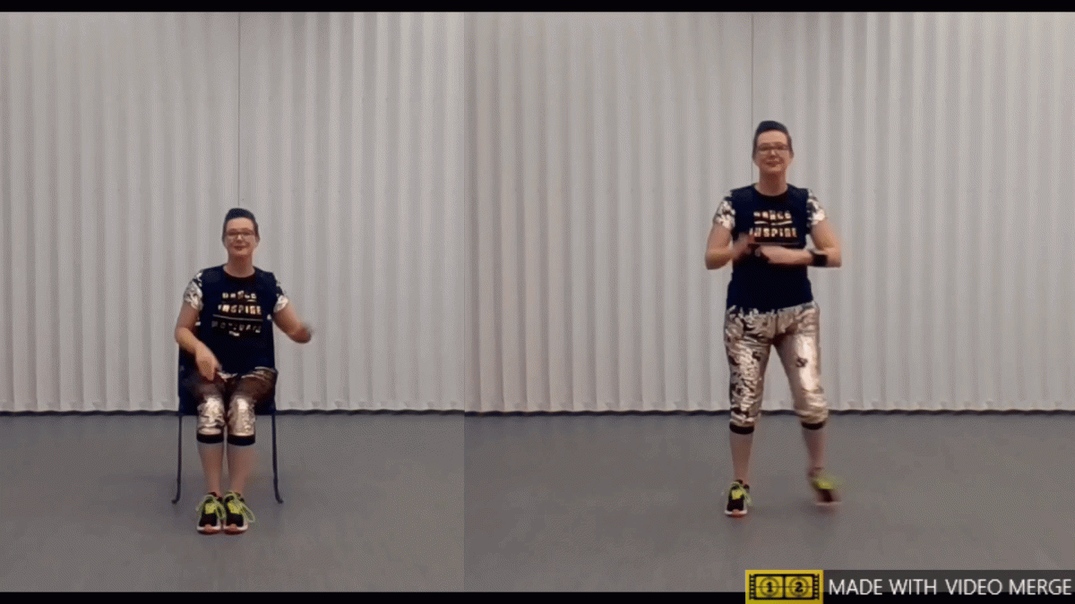 side by side video of Zumba instructor dancing while standing and seated