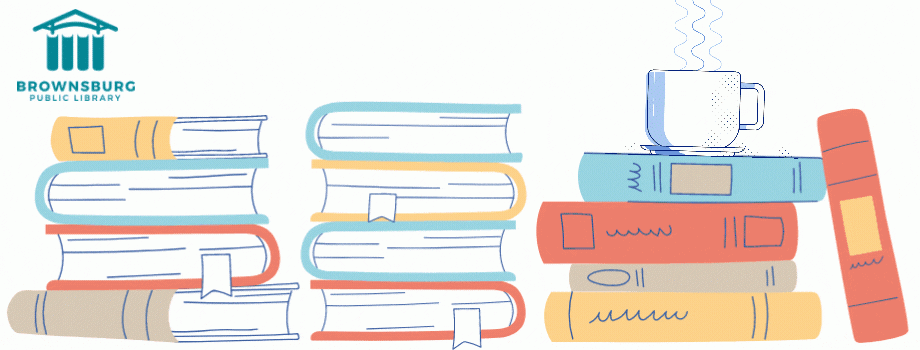 The image shows three stacks of books with one propped up next to the third stack. There is a coffee cup with steam rising from it sitting on the third stack of books. The library logo is in the top left corner next to blue words saying "Winter Reading."