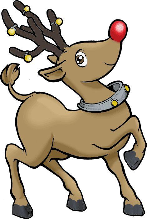 A reindeer in a prancing pose with jingle bells on his antlers.