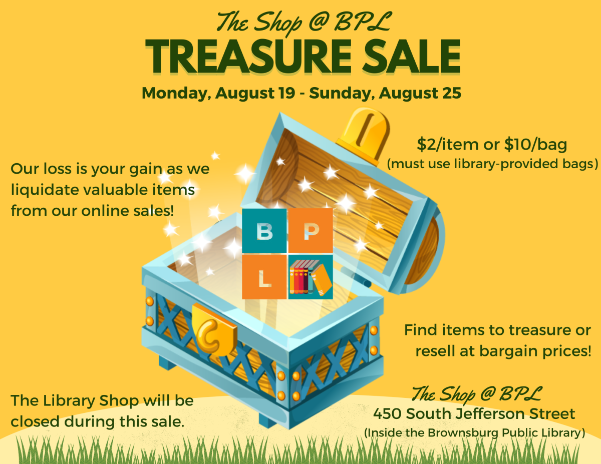 Treasure sale. Liquidation of books from online sales. $2/each or $10/bag. Must use library-provided bags.