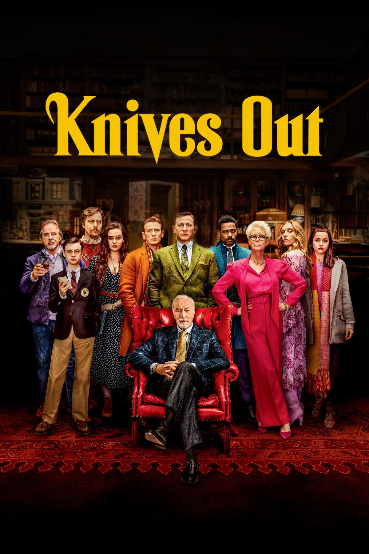 Knives Out (2019) movie poster, depicting a large family in a elaborately decorated mansion.