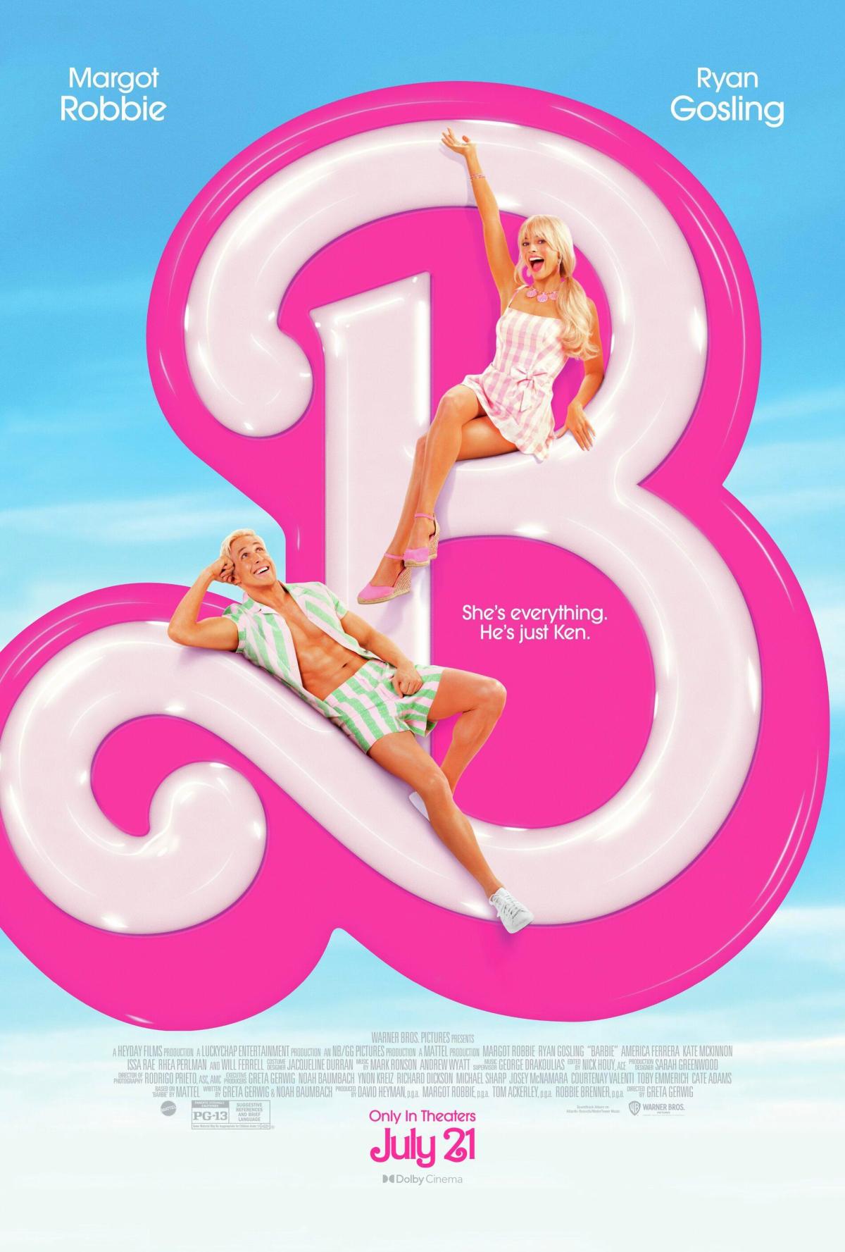 Movie poster for Barbie (2023) depicting Barbie and Ken lounging on a large letter "B."