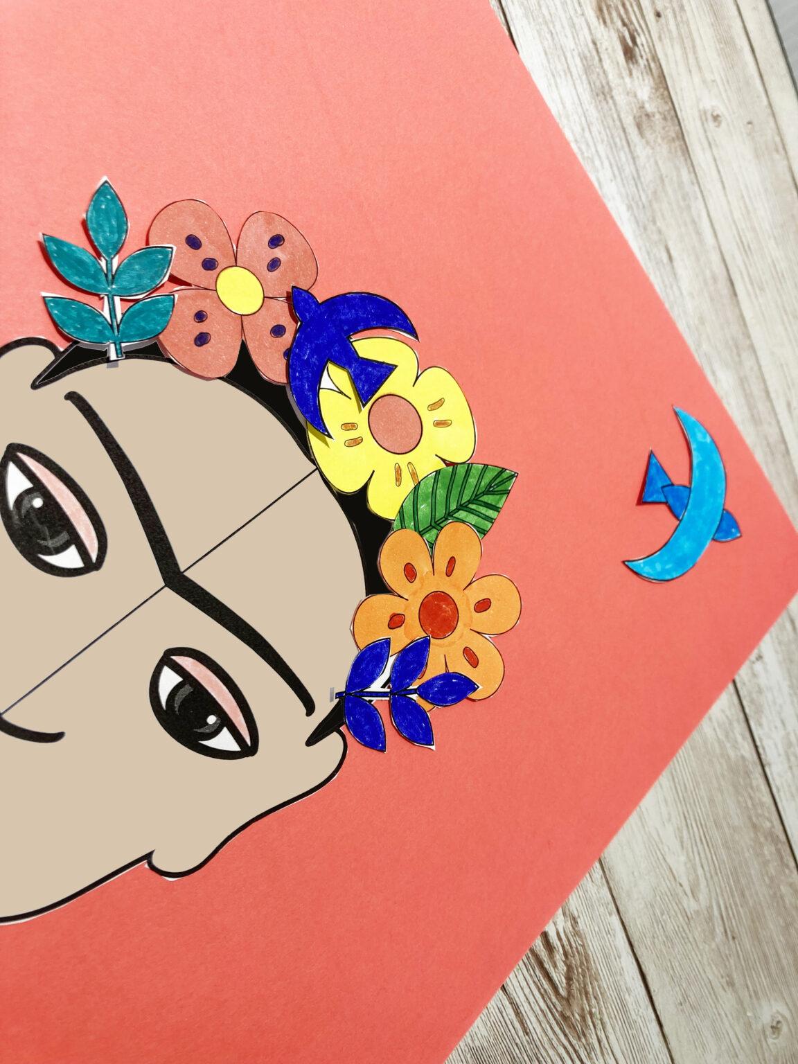 The image shows a collage style portrait of Frida Kahlo with a paper flower headpiece.